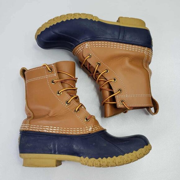 LL Bean Duck Boots Tan Blue Leather Lace Up Men’s Size 5 Women’s Size 7 - Picture 4 of 11
